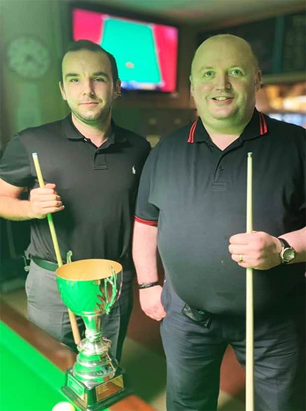 Benji Buckley and Martin Finnegan before playing the final of the Harry Anderson KO cup 2020, Benji winning the final after a close fought battle