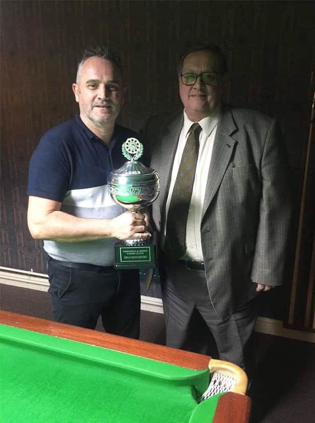 Kev Breeze winning the Masters KO in 2019 - pictured with Tony Smith, Chairman of Chesterfield and District Snooker League