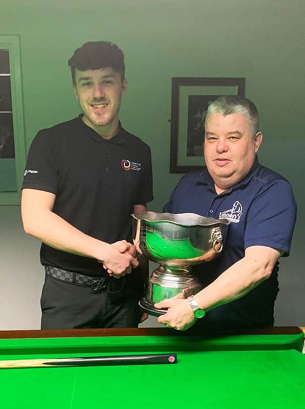 Sean presenting the under 21 snooker final winner, Kurt Pashley, with his trophy